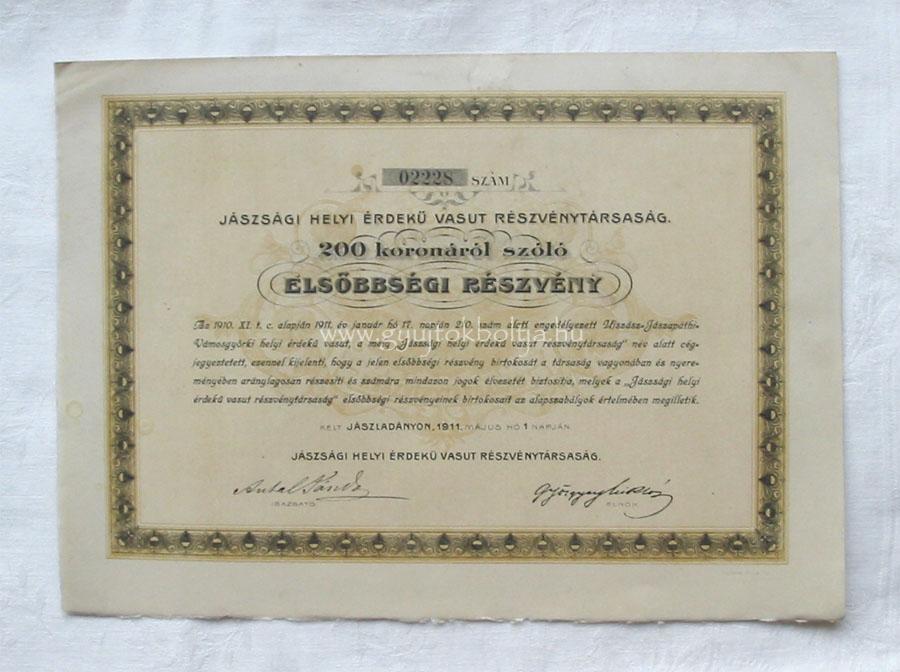 J�szs�gi Helyi �rdek� Vas�t Rt. r�szv�ny 200 korona 1911